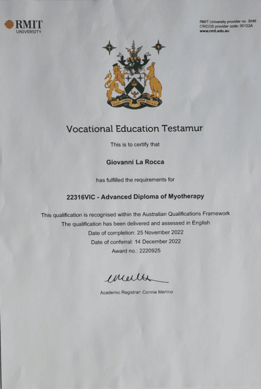 Qualifications Advance Diploma Myotherapy RMIT