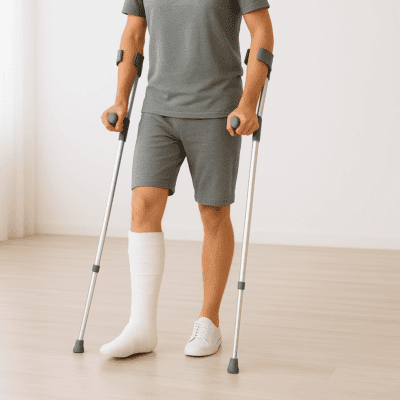 A person on crotches due to bone fractures in the leg