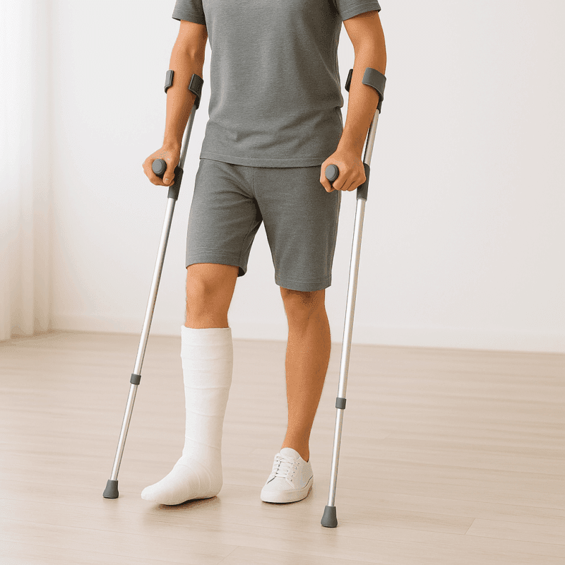 A person on crotches due to bone fractures in the leg
