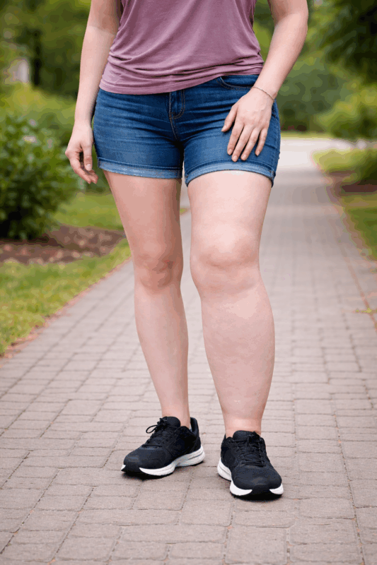 A woman standing at the park with a Lymphoedema Leg