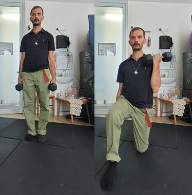 Giovanni doing KLT exercises mixing lunge and bicep curl