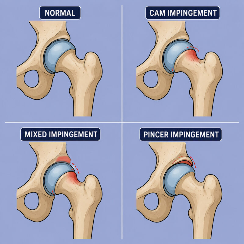 A drawing of the different types of FAI (Femoroacetabular impingement)