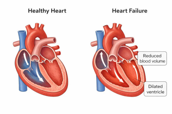 a picture of 2 hearts, one normal and one suffering from Heart Failure